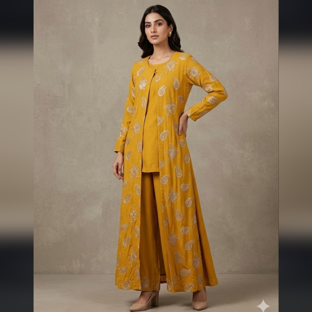 Mustard Yellow & Gold Chiffon 3 Piece Indian Punjabi Suit -BNWOT